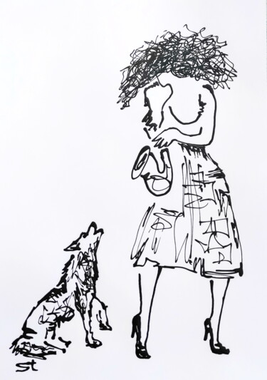 Drawing titled "Duet with a dog" by Vadim Studenov, Original Artwork, Acrylic