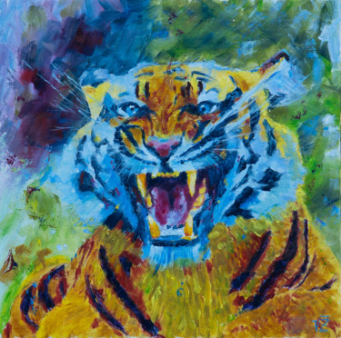 Картина под названием "Tiger in blue" - Vadim Zdesenko (Vazdart), Подлинное произведение искусства, Масло