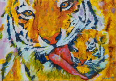 Картина под названием "Tigress and lion cub" - Vadim Zdesenko (Vazdart), Подлинное произведение искусства, Масло Установлен…