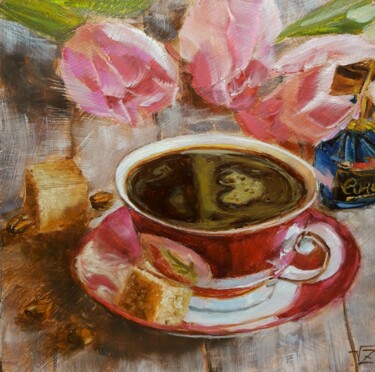 Картина под названием "Cofe and tulips" - Vadim Zdesenko (Vazdart), Подлинное произведение искусства, Масло