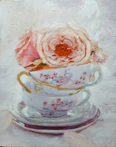Картина под названием "Tea cups & flowers" - Vadim Zdesenko (Vazdart), Подлинное произведение искусства, Масло