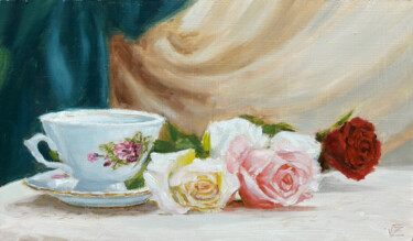 Картина под названием "Teacup and roses" - Vadim Zdesenko (Vazdart), Подлинное произведение искусства, Масло