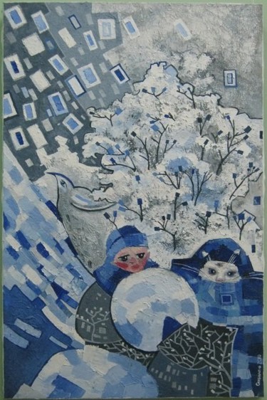 Картина под названием "белая   кошка  зима" - Vadimstrelchenya, Подлинное произведение искусства