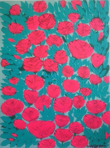 Schilderij getiteld "Electra roses" door Vafa Majidli, Origineel Kunstwerk, Acryl Gemonteerd op Frame voor houten brancard