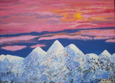 Картина под названием "Mountains in red su…" - Vafa Majidli, Подлинное произведение искусства, Акрил Установлен на Деревянна…