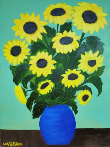 Malarstwo zatytułowany „Eleven Sunflowers” autorstwa Vafa Majidli, Oryginalna praca, Olej Zamontowany na Drewniana rama noszy