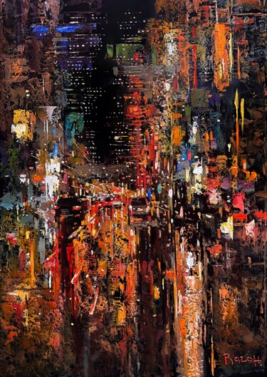 Painting titled "Night city lights" by Vahan Shahbazyan, Original Artwork, Oil