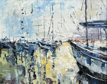 Painting titled "HARBOR SERENITY" by Vahe Bagumyan, Original Artwork, Oil Mounted on Wood Stretcher frame