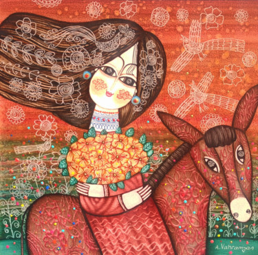 The girl with the bouquet (40x40cm, oil painting) Ζωγραφική με τίτλο "The girl with the b…" από Vahramyan, Αυθεντικά έργα τέχνης, Λάδι Τοποθετήθηκε στο Τσάντα καμβά