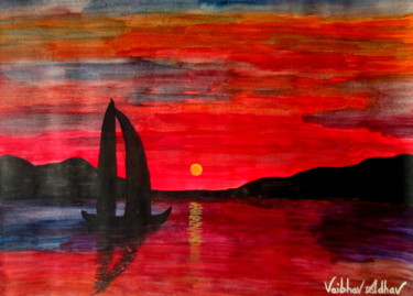 Painting titled "Sunset" by Sir.Vaibhav Adhav, Original Artwork, Watercolor