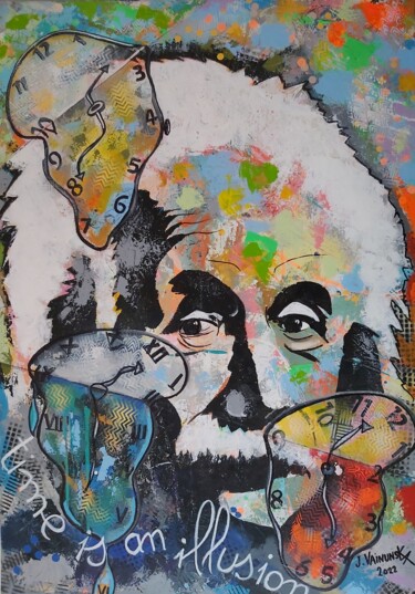 Schilderij getiteld "Einstein, ''time is…" door Vainunska Jacques, Origineel Kunstwerk, Acryl Gemonteerd op Frame voor houte…
