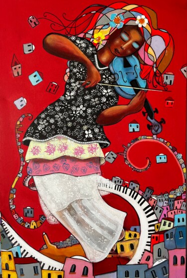 Painting titled "the violinist with…" by Vainunska Jacques, Original Artwork, Acrylic Mounted on Wood Stretcher frame