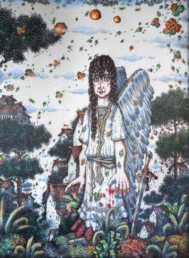 Disegno intitolato "Ангел/Angel" da Vazha Kurkhuli, Opera d'arte originale, Matite colorate