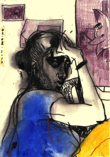 Rysunek zatytułowany „Autoportrait” autorstwa Vakarelova Emma, Oryginalna praca, Akwarela