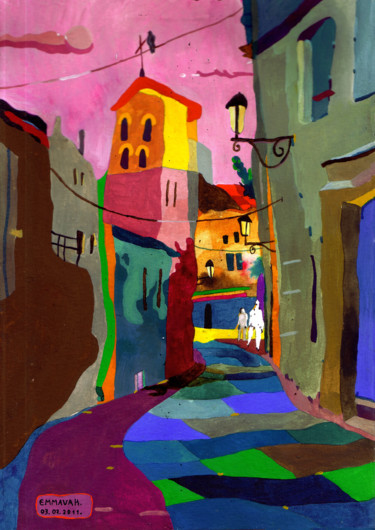Peinture intitulée "My street 1" par Vakarelova Emma, Œuvre d'art originale, Gouache