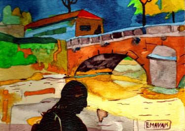 Malarstwo zatytułowany „Le pont” autorstwa Vakarelova Emma, Oryginalna praca, Akwarela
