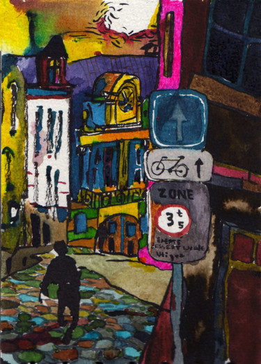 Painting titled "Street in Bruxelles" by Vakarelova Emma, Original Artwork, Watercolor