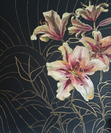 Painting titled "LILIES - abstract p…" by Alona Vakhmistrova, Original Artwork, Oil Mounted on Wood Stretcher frame