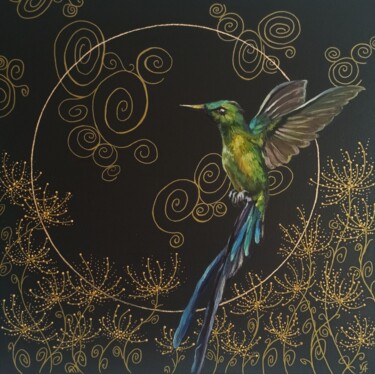 Painting titled "HUMMINGBIRD FLIGHT…" by Alona Vakhmistrova, Original Artwork, Oil Mounted on Wood Stretcher frame