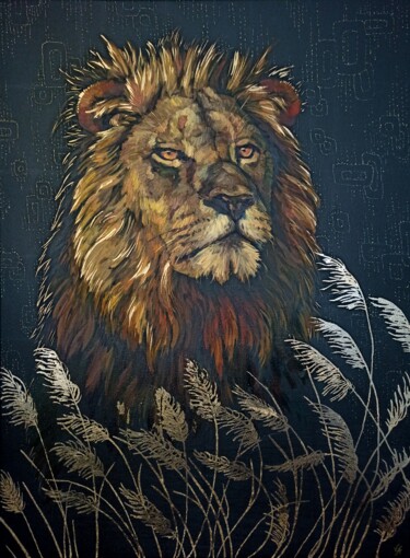 Painting titled "LION IN SAVANNAH -…" by Alona Vakhmistrova, Original Artwork, Oil Mounted on Wood Stretcher frame