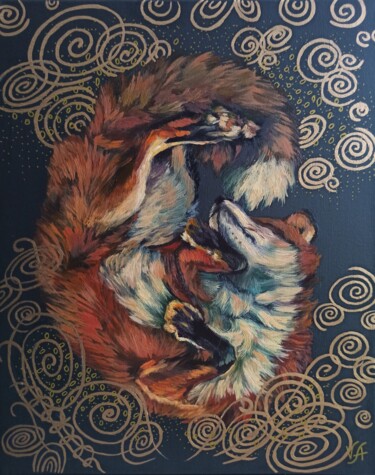 Картина под названием "SWEET DREAM FOX - a…" - Alona Vakhmistrova, Подлинное произведение искусства, Масло Установлен на Дер…