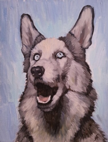 Painting titled "SIBERIAN HUSKY - oi…" by Alona Vakhmistrova, Original Artwork, Oil Mounted on Wood Stretcher frame