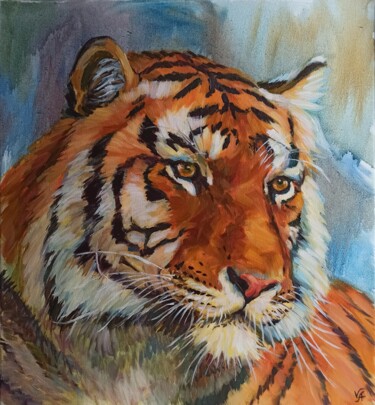 Painting titled "TIGER - oil paintin…" by Alona Vakhmistrova, Original Artwork, Oil Mounted on Wood Stretcher frame