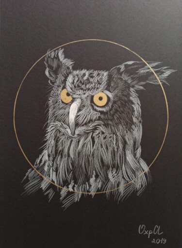 图画 标题为“OWL IN THE GOLD CIR…” 由Alona Vakhmistrova, 原创艺术品, 铅笔