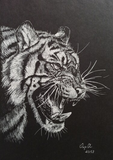 Drawing titled "FURIOUS TIGER - sma…" by Alona Vakhmistrova, Original Artwork, Gel pen