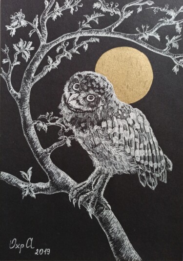 Dessin intitulée "OWL ON THE TREE - s…" par Alona Vakhmistrova, Œuvre d'art originale, Stylo gel