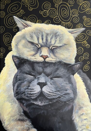 Картина под названием "CAT LOVE - acrylic…" - Alona Vakhmistrova, Подлинное произведение искусства, Акрил Установлен на Дере…