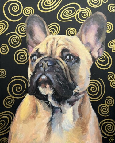 Painting titled "French Bulldog - an…" by Alona Vakhmistrova, Original Artwork, Acrylic Mounted on Wood Stretcher frame