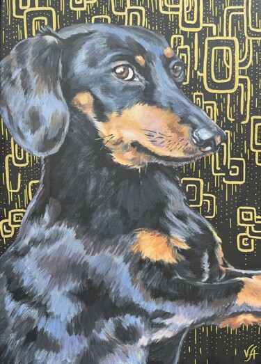 Painting titled "DACHSHUND - dog por…" by Alona Vakhmistrova, Original Artwork, Acrylic Mounted on Wood Stretcher frame