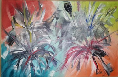 Painting titled "Cuatro flores" by Vala, Original Artwork, Oil Mounted on Wood Panel