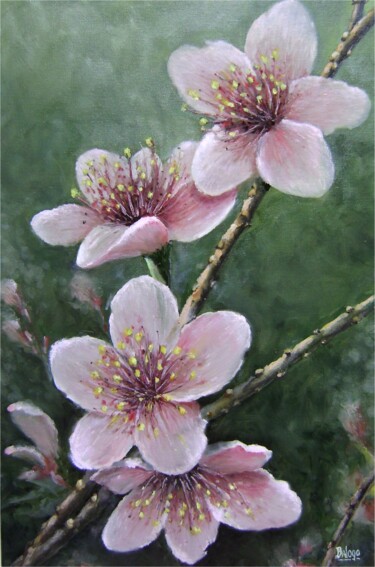 Painting titled "Flor da Cerejeira" by Valdecir Balogo, Original Artwork, Oil Mounted on Wood Stretcher frame