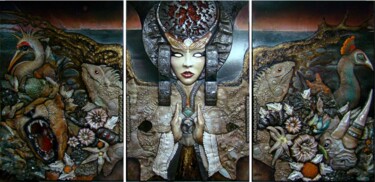 Sculpture titled "La Diosa del triskel" by Valdif, Original Artwork, Ceramics Mounted on Wood Panel