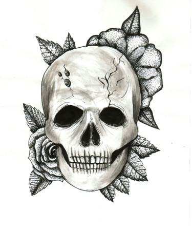 Dessin intitulée "Crâne et fleurs" par Valentine Fasquel, Œuvre d'art originale