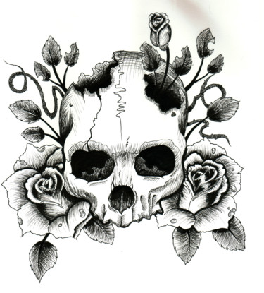 Dessin intitulée "Crâne & Roses" par Valentine Fasquel, Œuvre d'art originale