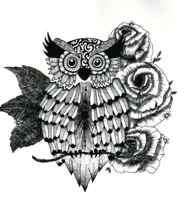 Drawing titled "Hibou & Roses" by Valentine Fasquel, Original Artwork