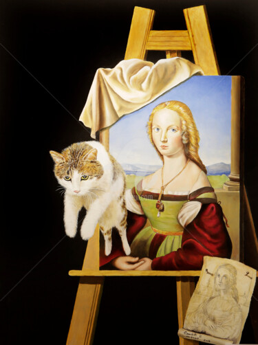 Painting titled "il gatto di Raffael…" by Valentino Camiletti, Original Artwork, Oil