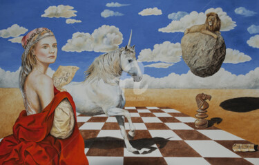Painting titled "La dama dell'unicor…" by Valentino Camiletti, Original Artwork, Tempera