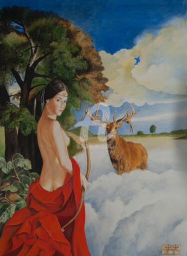 Pittura intitolato "Diana e Atteone" da Valentino Camiletti, Opera d'arte originale, Tempera