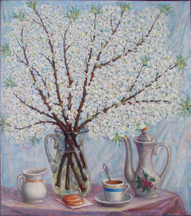 Картина под названием "Ветки вишни." - Валентин Негреско, Подлинное произведение искусства, Масло
