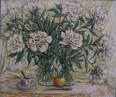Painting titled "Пионы белые." by Valentin Negresko, Original Artwork, Oil