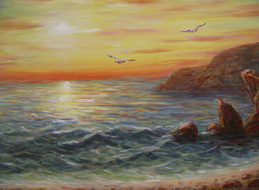 Painting titled "Вечер на море." by Valentin Negresko, Original Artwork, Oil