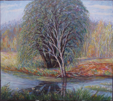 Картина под названием "Старая ива у реки." - Валентин Негреско, Подлинное произведение искусства, Масло