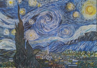 Peinture intitulée "La nuit étoilée" par Valentin Tant, Œuvre d'art originale, Huile Monté sur Châssis en bois