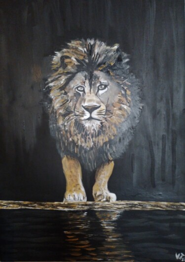 Картина под названием "Lion au bord de l'e…" - Valentin Tant, Подлинное произведение искусства, Масло Установлен на Деревянн…