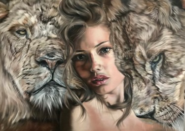 Schilderij getiteld "Queen of the Lions" door Valentina Andrees, Origineel Kunstwerk, Olie