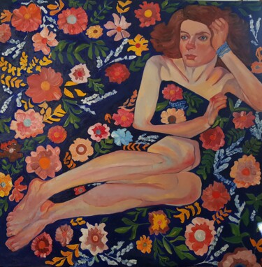 Pintura intitulada "Covered in flowers" por Valentina Baicuianu, Obras de arte originais, Óleo